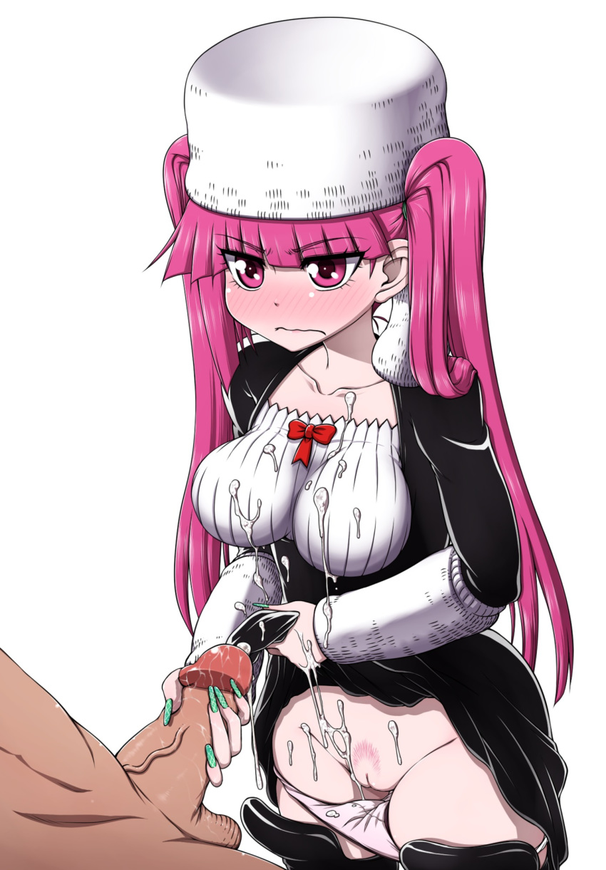 bar_censor black_dress bleach blush breasts censored cum cum_in_panties cum_on_body cum_on_breasts cum_on_clothes cum_on_lower_body cum_on_upper_body cumdrip dokugamine_riruka dress dress_lift green_nails handjob hanya_(hanya_yashiki) hat long_hair nail_polish open_mouth panties panty_pull penis pubic_hair purple_eyes purple_hair solo_focus standing third-party_edit uncensored underwear very_long_hair white_panties