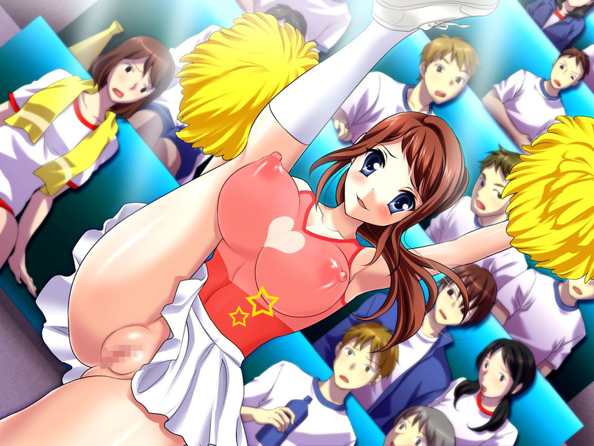 audience blue_eyes blush breasts brown_hair censored cheerleader erect_nipples large_breasts long_hair no_panties public pussy see-through smile