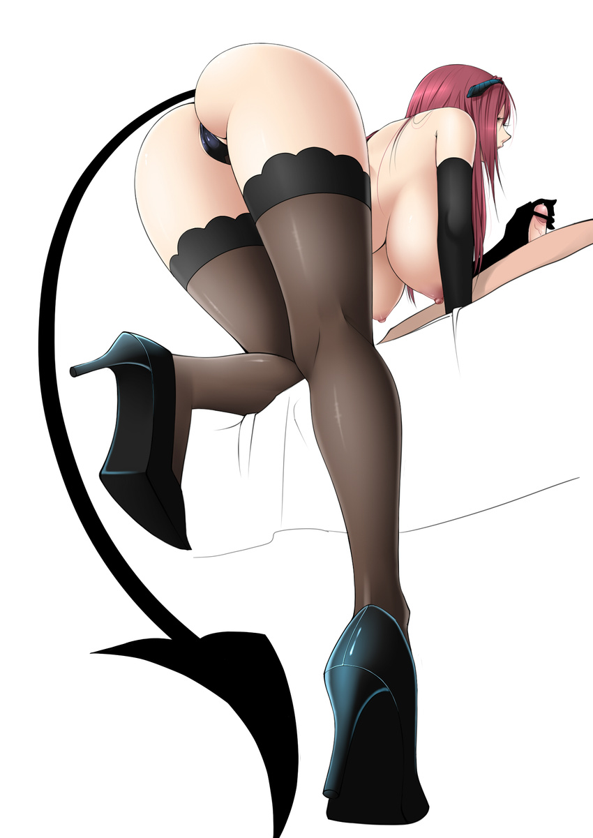 ass bar_censor baru_(val-val) bed bent_over black_panties breasts censored demon_girl elbow_gloves feet fiore_(baru) full_body gloves handjob hanging_breasts high_heels highres horns huge_breasts legs long_hair nipples no_bra panties penis pixiv_succubus precum red_hair shoes simple_background solo_focus standing succubus tail thighhighs thighs thong topless underwear white_background