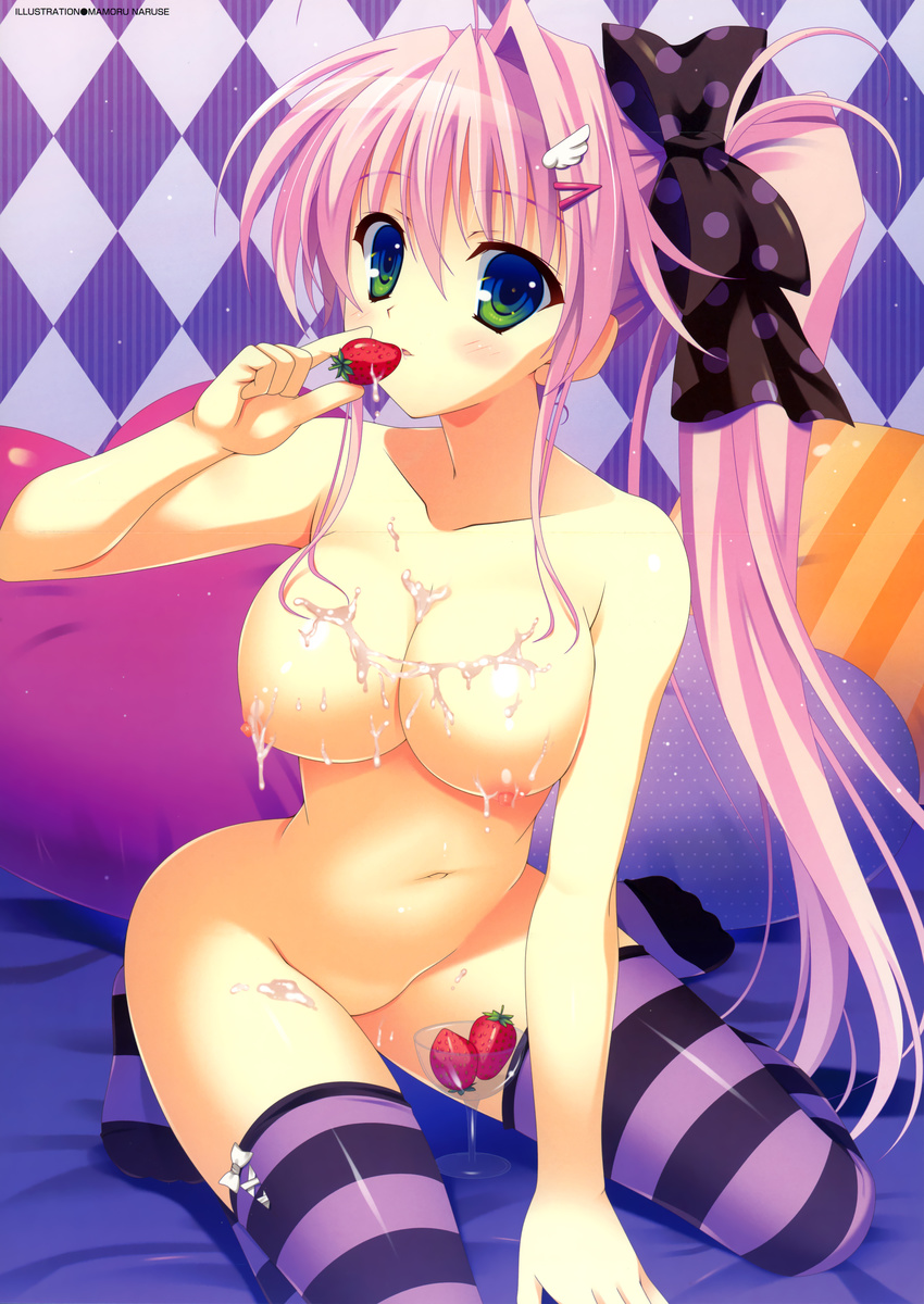 absurdres argyle argyle_background breasts cleavage cream food fruit green_eyes hair_ornament hairclip highres large_breasts looking_at_viewer naruse_mamoru navel nipples nude original parted_lips pink_hair side_ponytail solo strawberry striped striped_legwear suggestive_fluid thighhighs