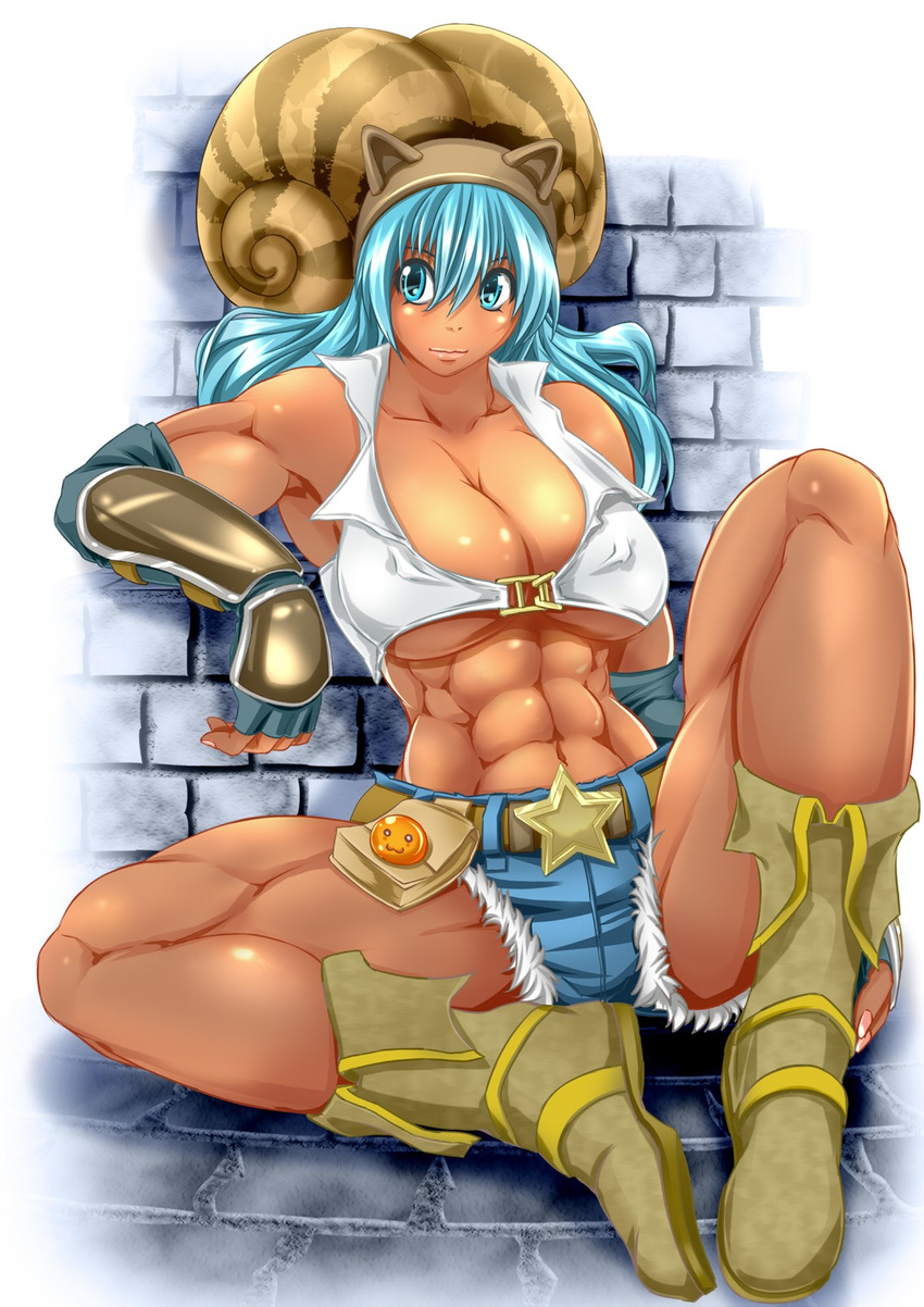 1girl abs alop-net armor bare_shoulders belt blue_eyes blue_hair boots breasts brick cutoffs dark_skin denim denim_shorts elbow_gloves gloves highres leg_up legs long_hair macto muscle ragnarok_online shorts sitting solo spread_legs star thick_thighs thighs whitesmith