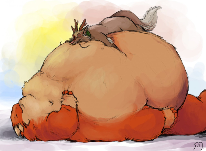 bazz belly_hug chinese_dragon cuddling dragon featherhead horn hug male morbidly_obese nixx nixx_(character) nude obese overweight pinned scarf squash squish tuft