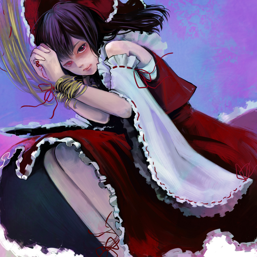 bare_shoulders bdsm black_hair bondage bound bound_wrists detached_sleeves hakurei_reimu hands_clasped highres lips meiji_(charisma_serve) own_hands_together red_eyes solo touhou