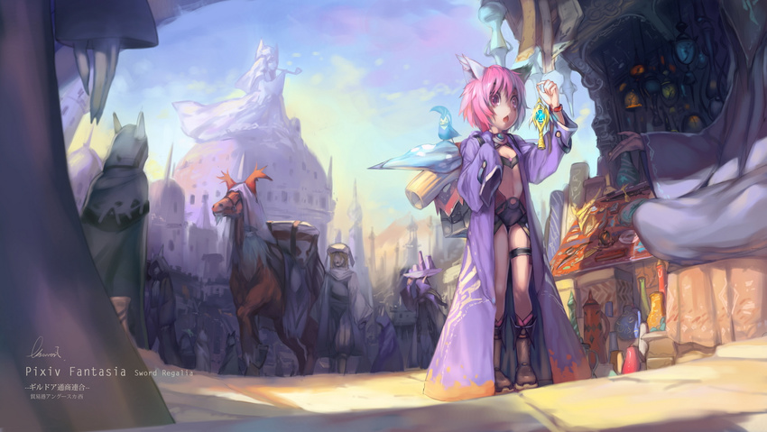 animal animal_ears backpack bad_id bad_pixiv_id bag bird boots cape cat_ears city fantasy highres hood horse jar jewelry lantern observerz open_mouth pink_eyes pink_hair pixiv_fantasia pixiv_fantasia_sword_regalia pot shopping short_hair sleeves_past_wrists statue