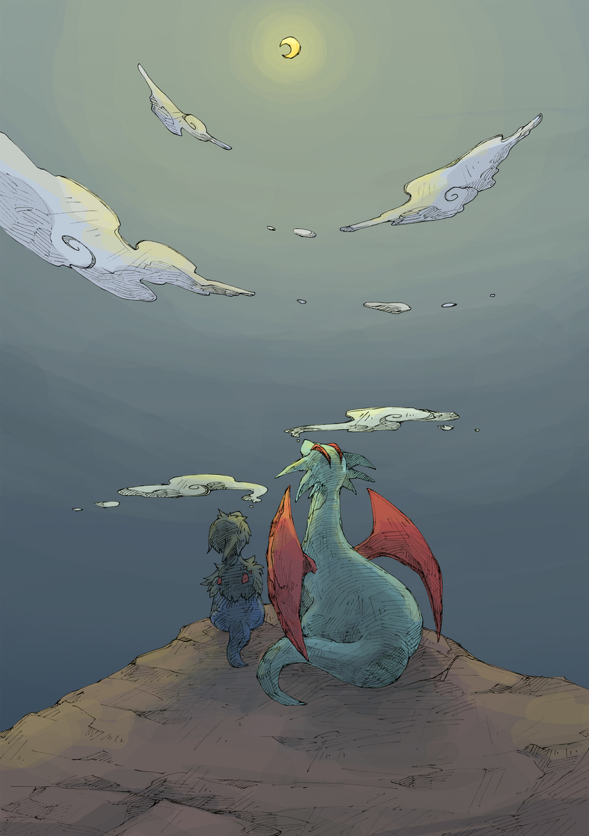 bad_id bad_pixiv_id cloud creature crescent_moon deino_(pokemon) dragon gen_3_pokemon highres kuuneru moon nature night night_sky no_humans pokemon pokemon_(creature) red_wings salamence sitting sky wings