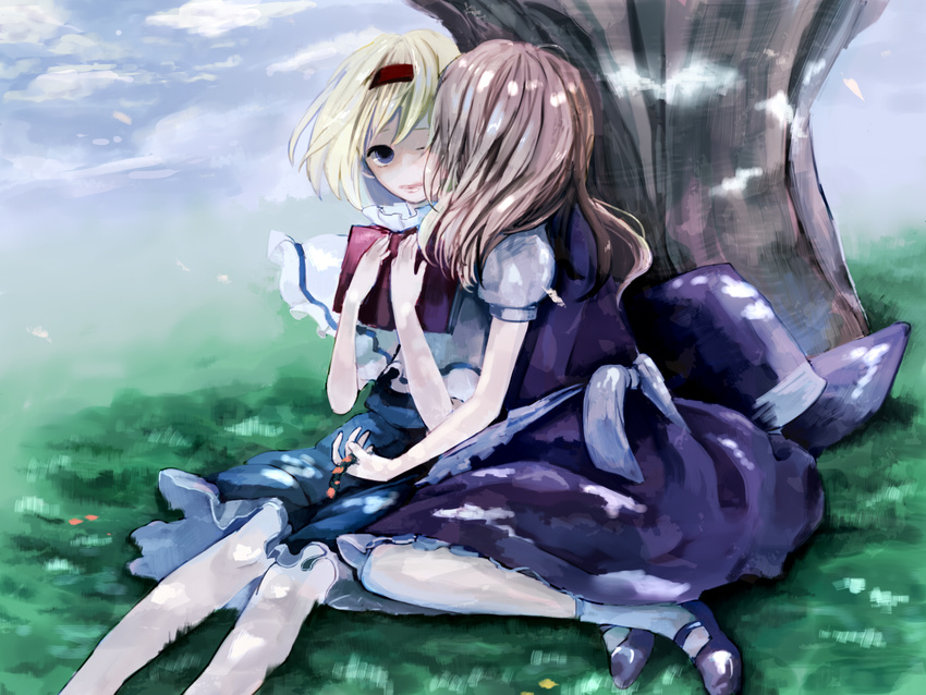 alice_margatroid blonde_hair blue_eyes book cheek_kiss grass hat hat_removed headwear_removed kirisame_marisa kiss meiji_(charisma_serve) multiple_girls one_eye_closed short_hair sitting touhou tree yuri