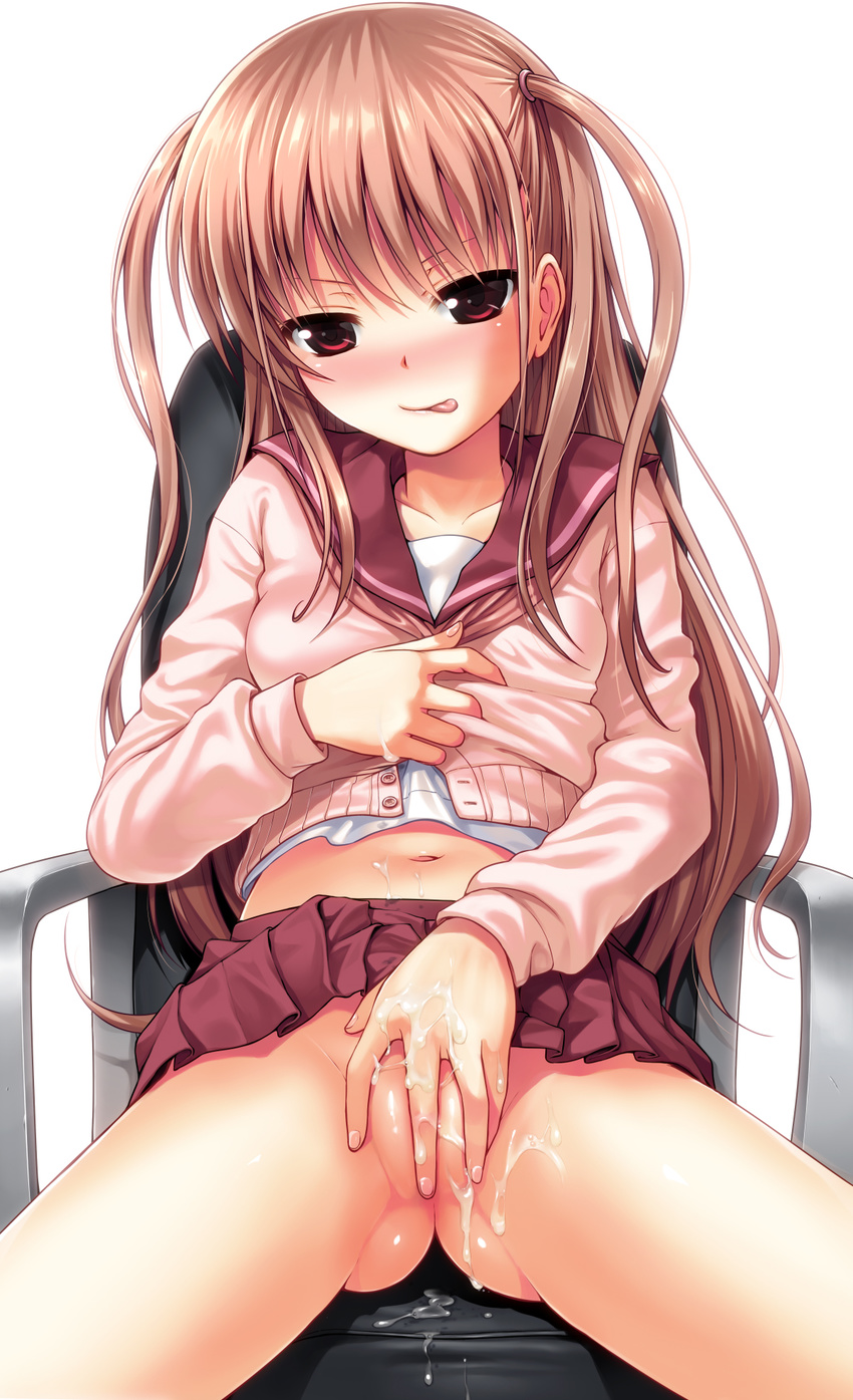 40010prototype :p atarashi_ako blush brown_hair cardigan chair clothed_masturbation covering covering_crotch cum cum_on_body cum_on_lower_body cum_on_upper_body hands highres licking_lips long_hair looking_at_viewer masturbation midriff naughty_face navel nose_blush partially_visible_vulva pussy_juice red_eyes saki saki_achiga-hen school_uniform serafuku simple_background sitting solo tongue tongue_out twintails two_side_up very_long_hair