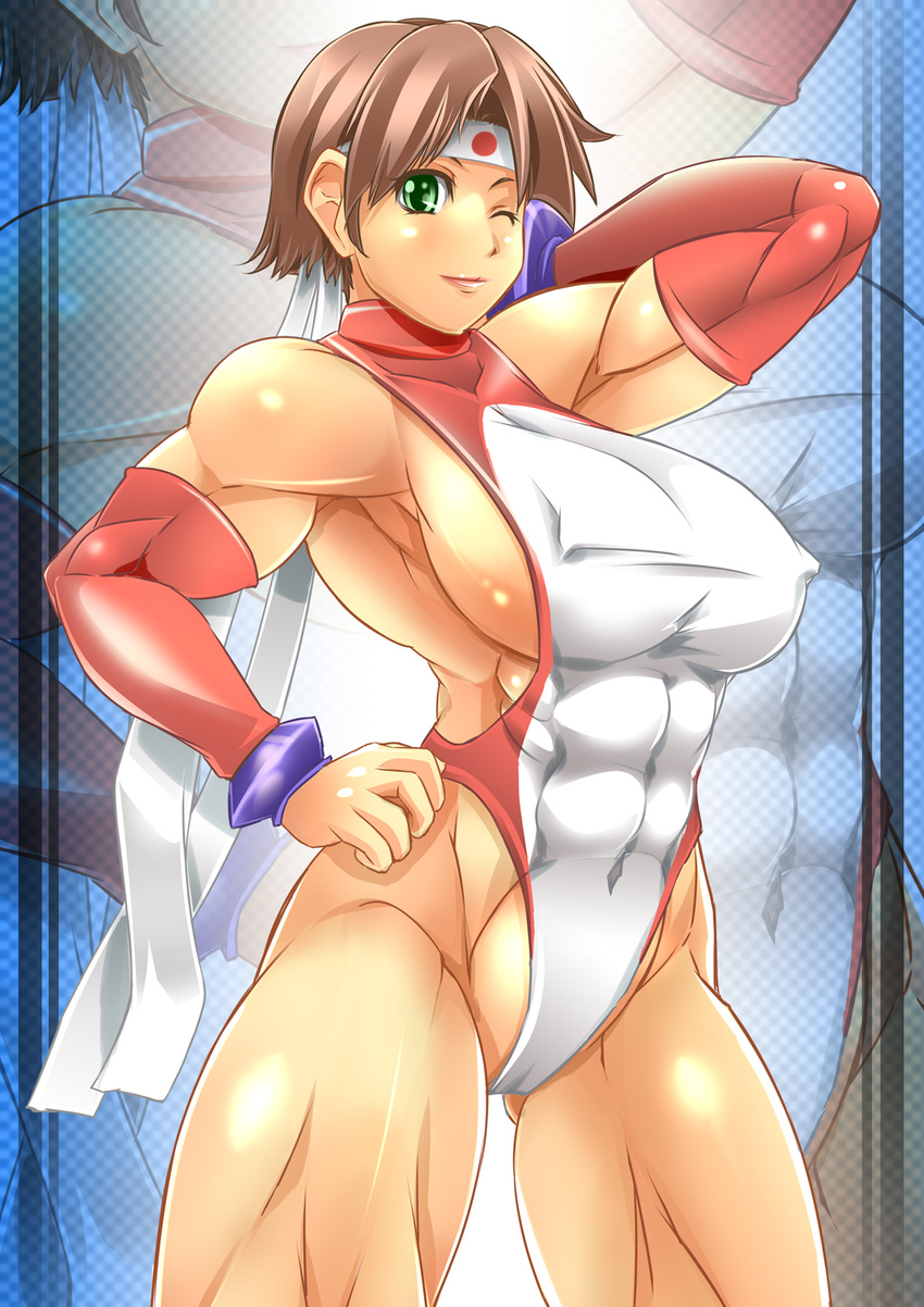 abs alop-net arm_behind_head breasts brown_hair detached_sleeves green_eyes hand_on_hip headband highres hips leotard looking_at_viewer macto muscle skin_tight solo wink zoom_layer