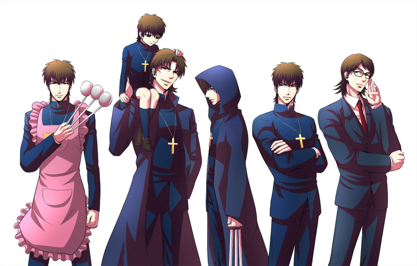 apron bad_id bad_pixiv_id bespectacled between_fingers brown_eyes brown_hair cassock child cross cross_necklace crossover fate/stay_night fate/tiger_colosseum fate/zero fate_(series) formal glasses hood jewelry kotomine_kirei long_coat long_hair male_focus multiple_boys multiple_persona necklace necktie older sanada_(teketo) sensha_otoko suit white_background younger