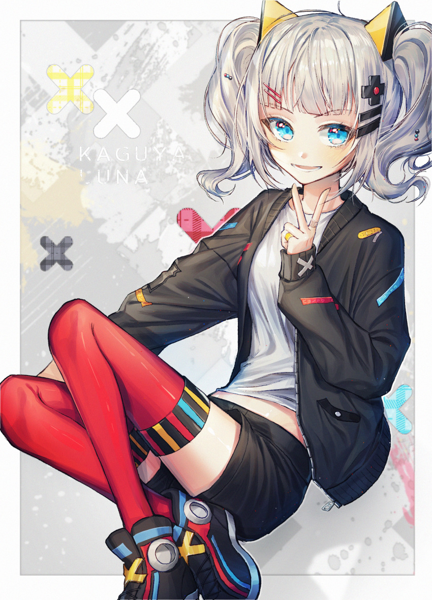 1girl absurdres animal_ears black_footwear black_jacket black_shorts blue_eyes cat_ears character_name copyright_name fake_animal_ears grey_shirt hair_ornament hairclip highres huge_filesize jacket jewelry kaguya_luna kaguya_luna_(character) kellymonica02 long_hair long_sleeves looking_at_viewer midriff open_clothes open_jacket red_legwear ring shiny shiny_hair shirt shoes short_shorts shorts silver sitting sneakers solo stomach thigh_strap thighhighs twintails v virtual_youtuber zettai_ryouiki