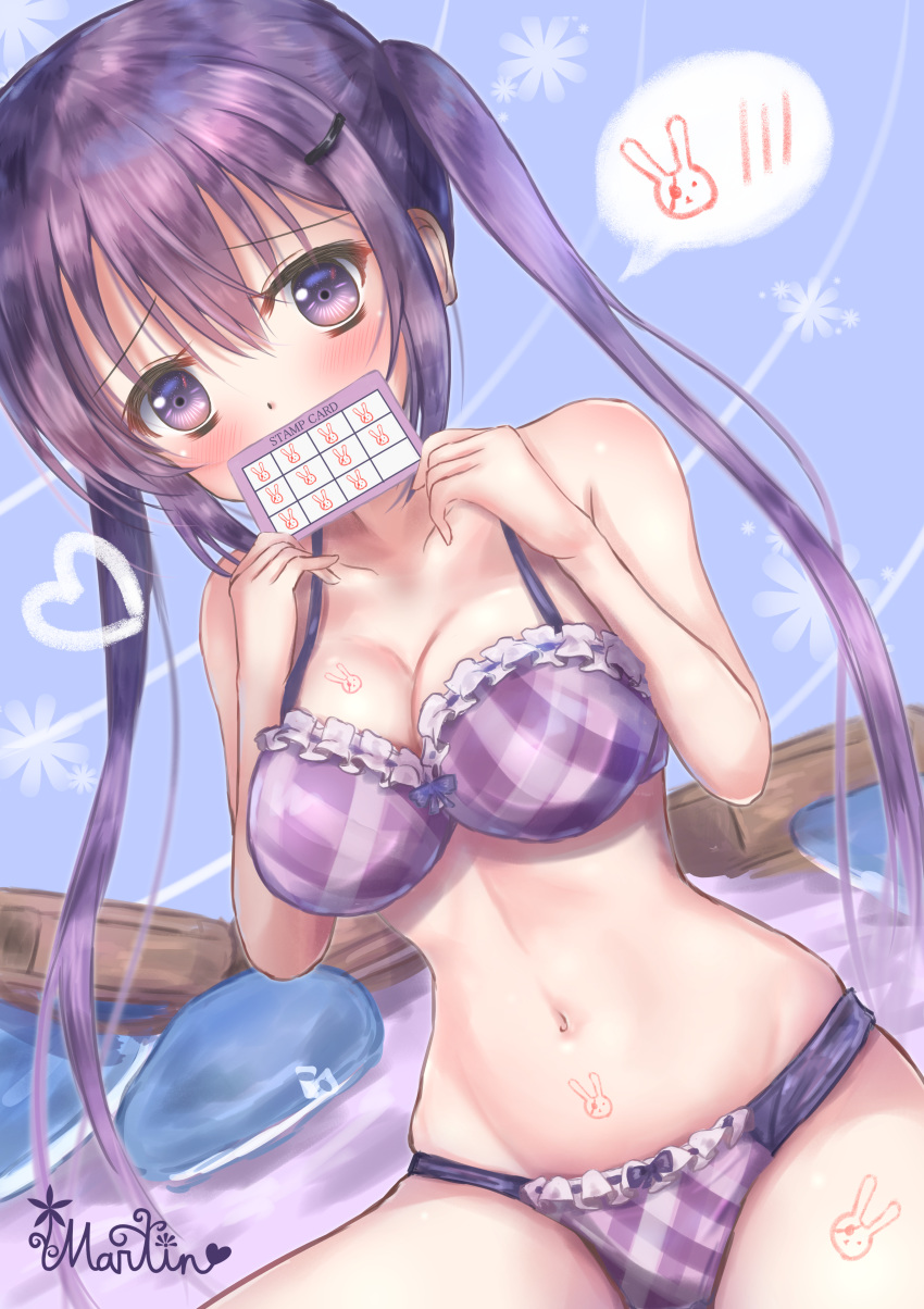 1girl absurdres artist_name blue_background blue_hat blush bra breasts cleavage collarbone covering_mouth eyebrows_visible_through_hair frilled_bra frilled_panties frills gochuumon_wa_usagi_desu_ka? hair_between_eyes hair_ornament hairclip hat hat_removed headwear_removed heart highres long_hair looking_at_viewer martinreaction medium_breasts navel panties purple_bra purple_eyes purple_hair purple_panties sitting solo speech_bubble tedeza_rize twintails underwear underwear_only very_long_hair