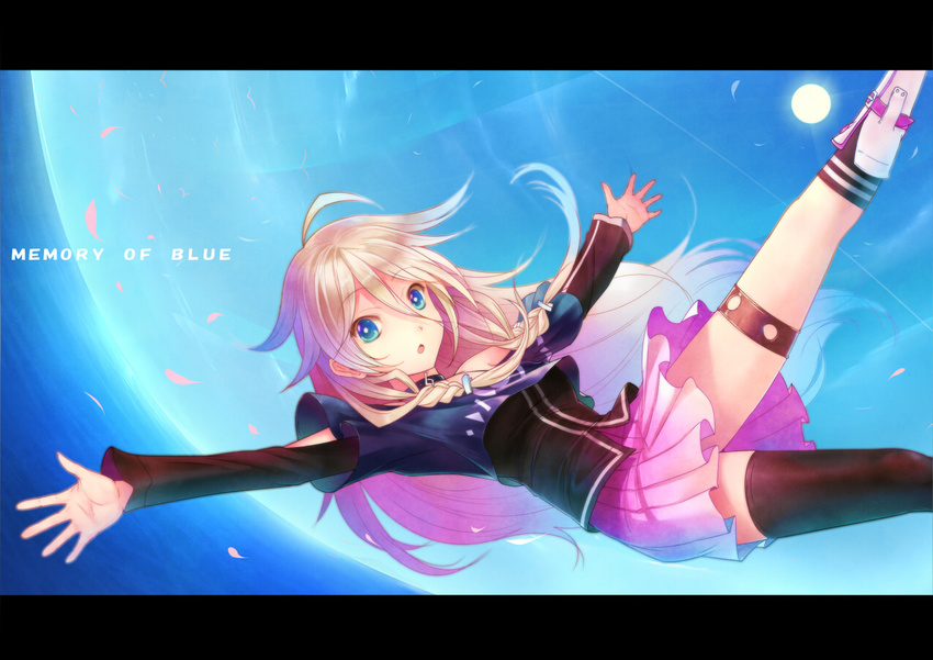 ahoge bare_shoulders blue_eyes braid falling fisheye ia_(vocaloid) letterboxed long_hair looking_at_viewer ocean off_shoulder open_mouth outstretched_arms petals pink_hair single_thighhigh skirt sky solo spread_arms sts sun thigh_strap thighhighs twin_braids very_long_hair vocaloid