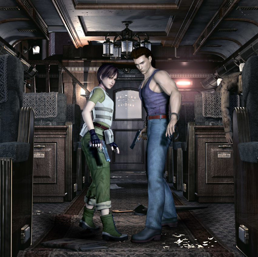 1girl absurdres billy_coen capcom cuffs gun hand_cuff handcuffs highres official_art rebecca_chambers resident_evil resident_evil_0 weapon