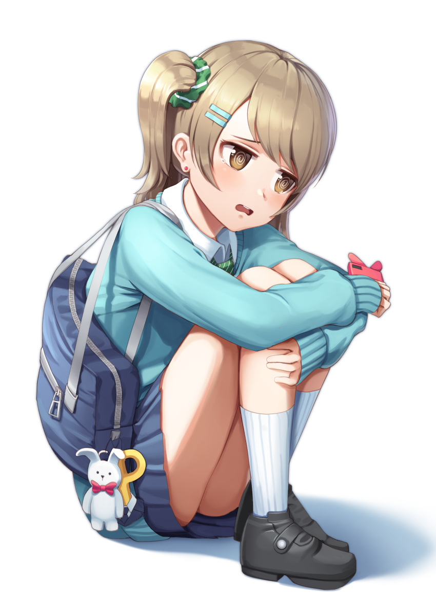 1girl @_@ absurdres bag bag_charm black_footwear blue_cardigan blue_skirt breasts brown_eyes cardigan cellphone charm_(object) collared_shirt commentary_request earrings full_body goback green_scrunchie hair_ornament hair_scrunchie hairclip highres holding holding_cellphone holding_phone idolmaster idolmaster_cinderella_girls jewelry knees_up leg_hug light_brown_hair loafers long_hair long_sleeves morikubo_nono one_side_up open_mouth p-head_producer phone pleated_skirt round_teeth school_bag scrunchie shadow shirt shoes sitting skirt sleeves_past_wrists smartphone socks solo striped striped_legwear stud_earrings tears teeth upper_teeth vertical-striped_legwear vertical_stripes white_background white_legwear white_shirt