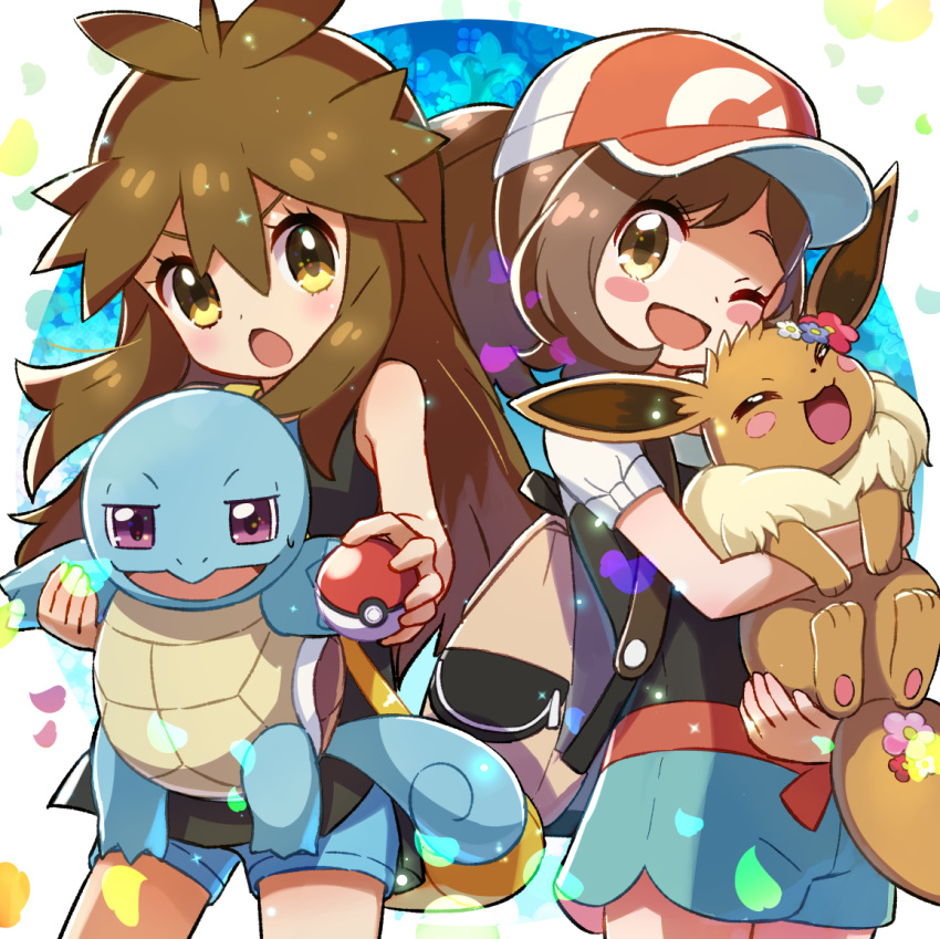 2girls ayumi_(pokemon) backpack bag baseball_cap black_shirt blue_(pokemon) blue_shorts blush_stickers brown_eyes brown_hair creatures_(company) eevee flower game_freak gen_1_pokemon hat holding holding_poke_ball holding_pokemon kingin long_hair multiple_girls nintendo one_eye_closed open_mouth petals poke_ball pokemon pokemon_(creature) pokemon_(game) pokemon_lgpe ponytail shirt short_sleeves shorts sleeveless sleeveless_shirt squirtle