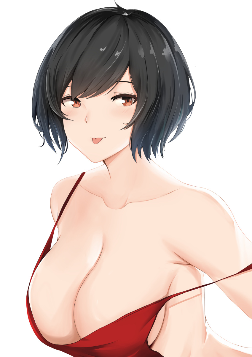 1girl :p absurdres backless_dress backless_outfit bangs bare_shoulders black_hair blush breasts cleavage collarbone deroo dress highres large_breasts looking_at_viewer no_bra original red_dress red_eyes short_hair sideboob simple_background solo spaghetti_strap strap_gap strap_slip swept_bangs tongue tongue_out upper_body white_background