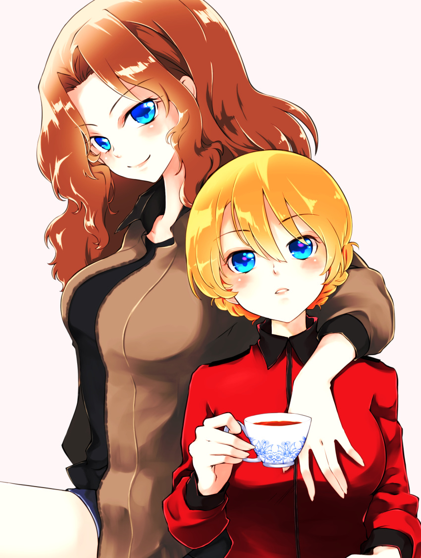 2girls absurdres alternate_hair_color arm_around_neck bangs black_shirt blonde_hair blue_eyes blue_shorts braid brown_hair brown_jacket commentary_request cup darjeeling epaulettes eyebrows_visible_through_hair girls_und_panzer hair_intakes hand_on_another's_chest head_tilt highres holding holding_cup jacket kay_(girls_und_panzer) light_blush light_frown lips long_hair long_sleeves looking_at_viewer military military_uniform multiple_girls open_mouth parted_lips red_jacket saunders_military_uniform shirt short_hair short_shorts shorts simple_background sitting smile st._gloriana's_military_uniform tea teacup tied_hair twin_braids umxzo uniform white_background