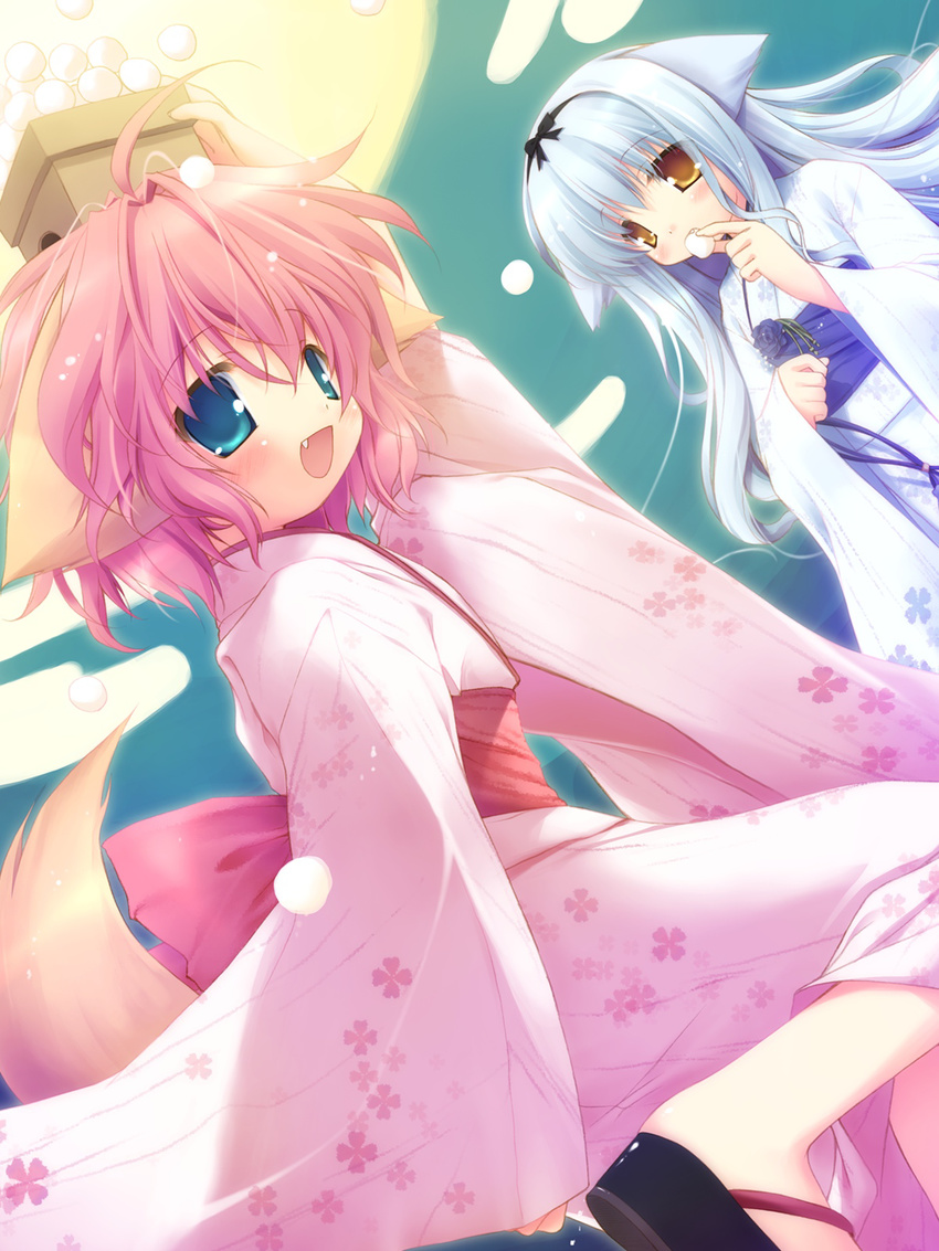 :d animal_ears blue_eyes blue_hair brown_hair chikotam dango fang food geta highres japanese_clothes kimono lossy-lossless moon multiple_girls open_mouth pink_hair smile tail wagashi wanko_to_lily