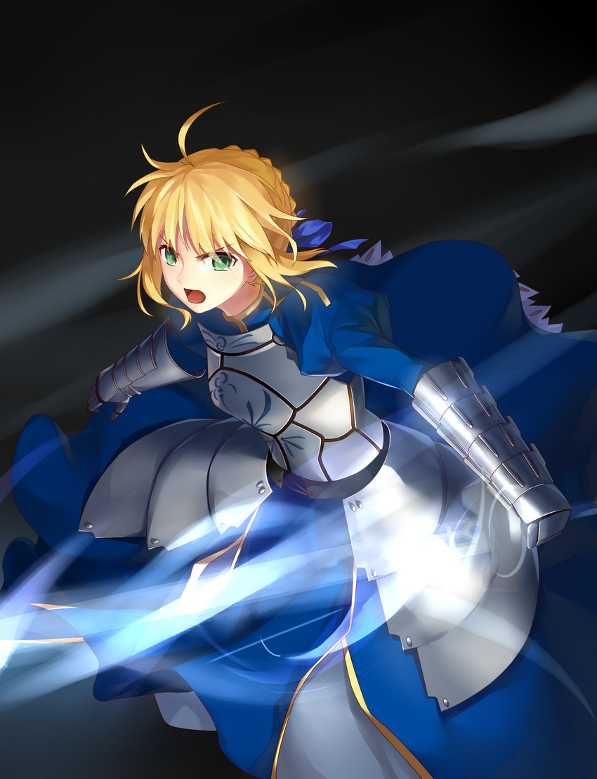 ahoge armor armored_dress artoria_pendragon_(all) blonde_hair fate/stay_night fate_(series) gauntlets green_eyes hair_ribbon highres invisible_air lightofheaven open_mouth ribbon saber solo sword weapon wind