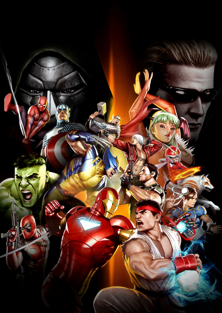 2girls 6+boys albert_wesker amaterasu armor bat_wings black_hair blonde_hair blue_eyes bodysuit box_art brown_hair capcom cd_(source) chris_redfield chun-li crossover dante dante_(devil_may_cry) deadpool devil_may_cry doctor_doom dr._doom female gun highres hulk iron_man male marvel marvel-vs_capcom_3 marvel_vs._capcom marvel_vs._capcom_3 marvel_vs_capcom morrigan_aensland multiple_boys multiple_girls muscle narugami official_art okami ookami_(game) playstation_3 resident_evil rivals ryuu_(street_fighter) short_hair spider-man street_fighter sword vampire_(game) viewtiful_joe viewtiful_joe_(character) weapon white_hair wings wolverine