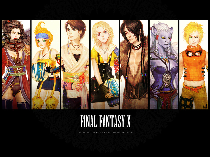 4girls androgynous ass auron ball black_hair black_legwear blonde_hair blue_eyes blue_headband breasts brown_hair cleavage coat column_lineup copyright_name final_fantasy final_fantasy_x fur_coat furry garter_straps genderswap genderswap_(ftm) genderswap_(mtf) goggles green_eyes hair_ornament hairclip hand_on_hip j_(onose1213) japanese_clothes jewelry kimahri_ronso kimono legs lips lipstick long_hair looking_at_viewer looking_away lulu_(ff10) makeup medium_breasts midriff multiple_boys multiple_girls muscle necklace one_eye_closed overalls ponytail red_eyes rikku scar serious short_hair small_breasts smile smirk standing sword thighhighs tidus wakka weapon white_hair x_hair_ornament yellow_eyes yuna_(ff10)