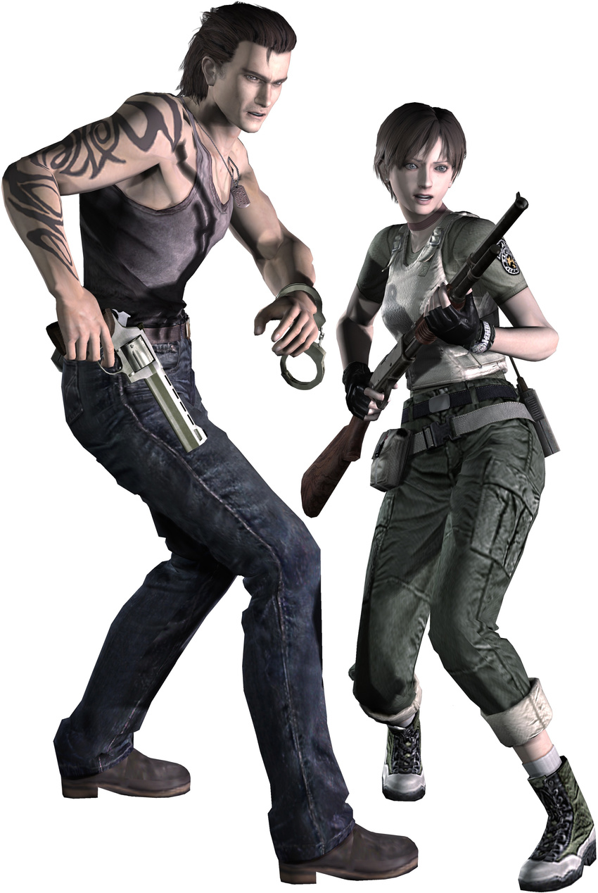 1boy 1girl absurdres belt billy_coen boots brown_hair capcom cuffs denim dog_tags full_body gun hand_cuff hand_cuffs handcuffs highres jeans official_art pants rebecca_chambers resident_evil resident_evil_0 revolver rifle short_hair shotgun tattoo tribal_tattoo vest weapon