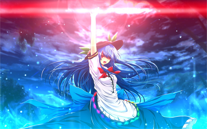 arm_up blue_hair dress hat highres hinanawi_tenshi long_hair nekominase open_mouth red_eyes solo touhou