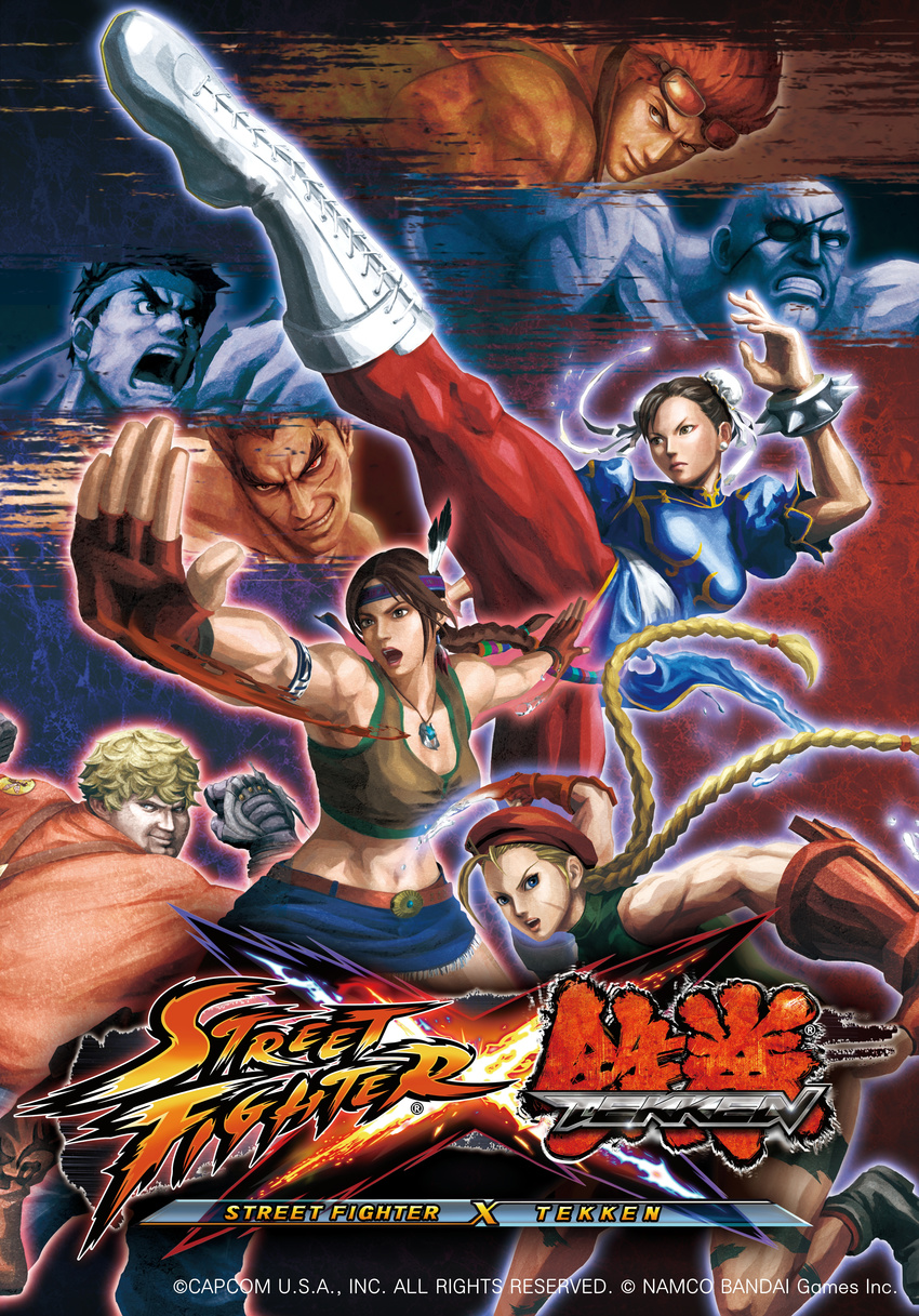 absurdres bob_(tekken) bracelet braid cammy_white capcom chun-li double_bun eyepatch fighting_stance goggles goggles_on_head headband highres hwoarang jewelry julia_chang leg_up legs long_legs mishima_kazuya muscle namco official_art pantyhose robert_richards ryuu_(street_fighter) sagat spiked_bracelet spikes street_fighter street_fighter_x_tekken tekken thighs twin_braids