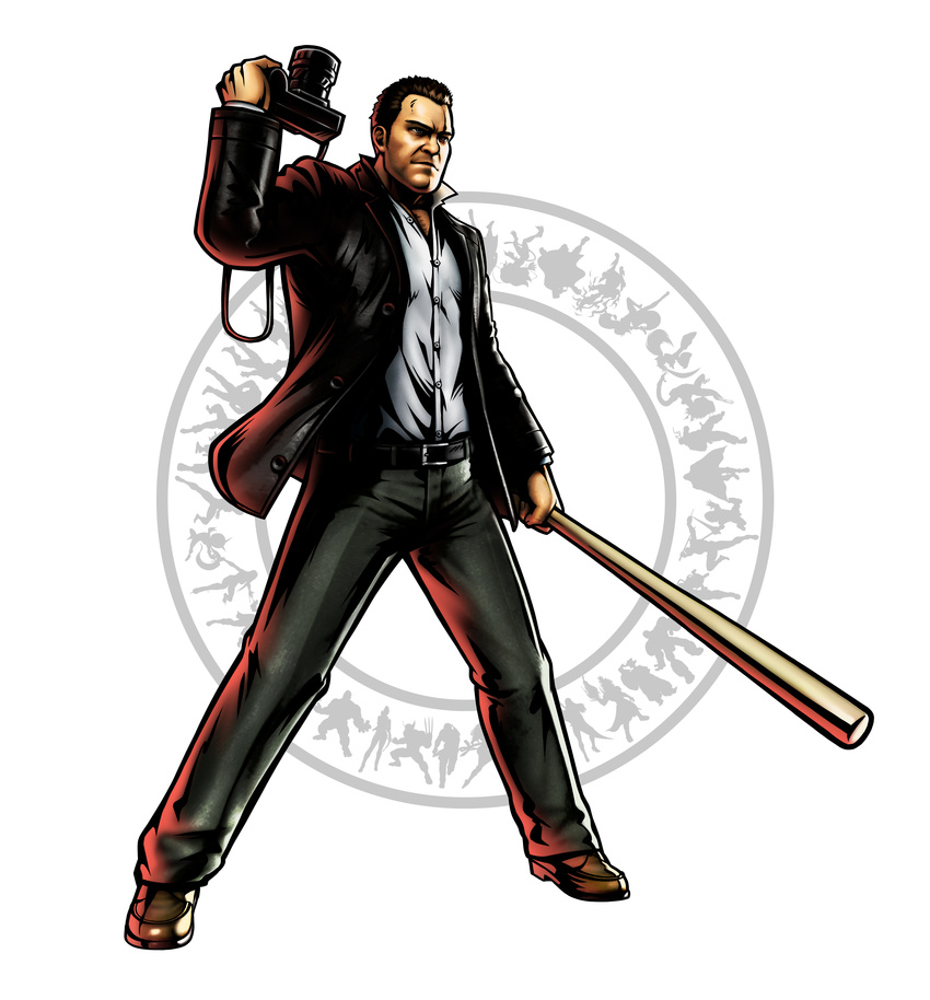 absurdres baseball_bat belt brown_hair camera capcom dead_rising frank_west highres jacket male male_focus marvel marvel_vs._capcom marvel_vs._capcom_3 marvel_vs_capcom marvel_vs_capcom_3 mori_toshiaki official_art shinkiro solo weapon