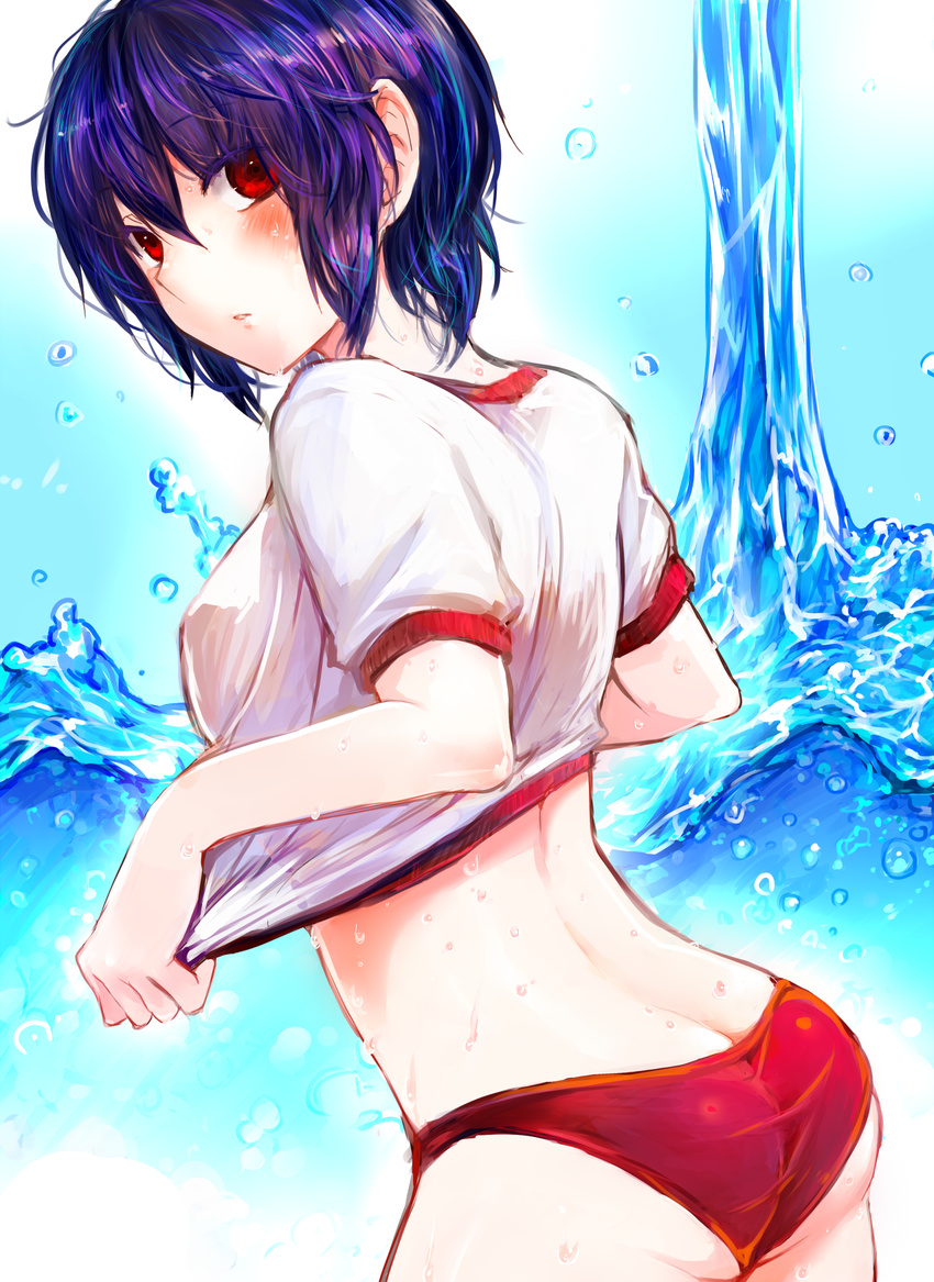 ass bad_id bad_pixiv_id berushi buruma butt_crack gym_uniform highres original purple_hair red_eyes shirt_lift short_hair solo water wet