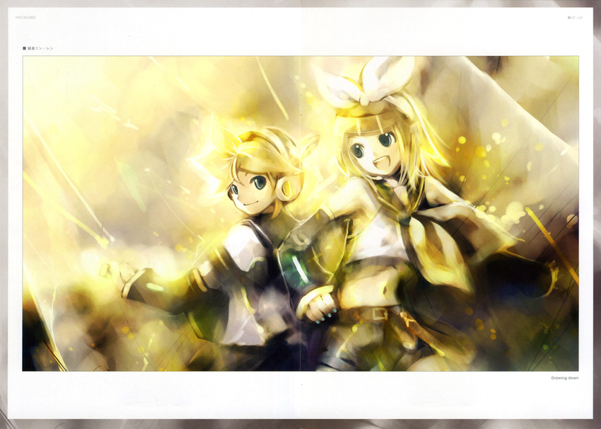 1girl blonde_hair blue_eyes brother_and_sister detached_sleeves headphones highres kagamine_len kagamine_rin kei_(keigarou) midriff ribbon short_hair shorts siblings translated twins vocaloid