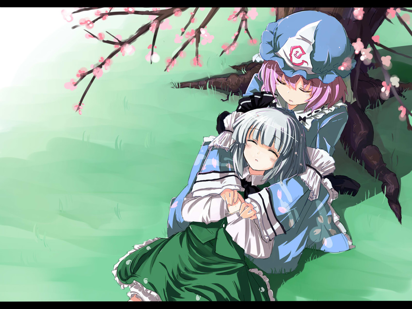 artist_request blush bow cherry_blossoms closed_eyes grass hair_bow hat highres japanese_clothes kimono konpaku_youmu multiple_girls pink_hair ribbon-trimmed_collar ribbon_trim saigyouji_yuyuko silver_hair skirt skirt_set sleeping sleeping_on_person touhou tree triangular_headpiece