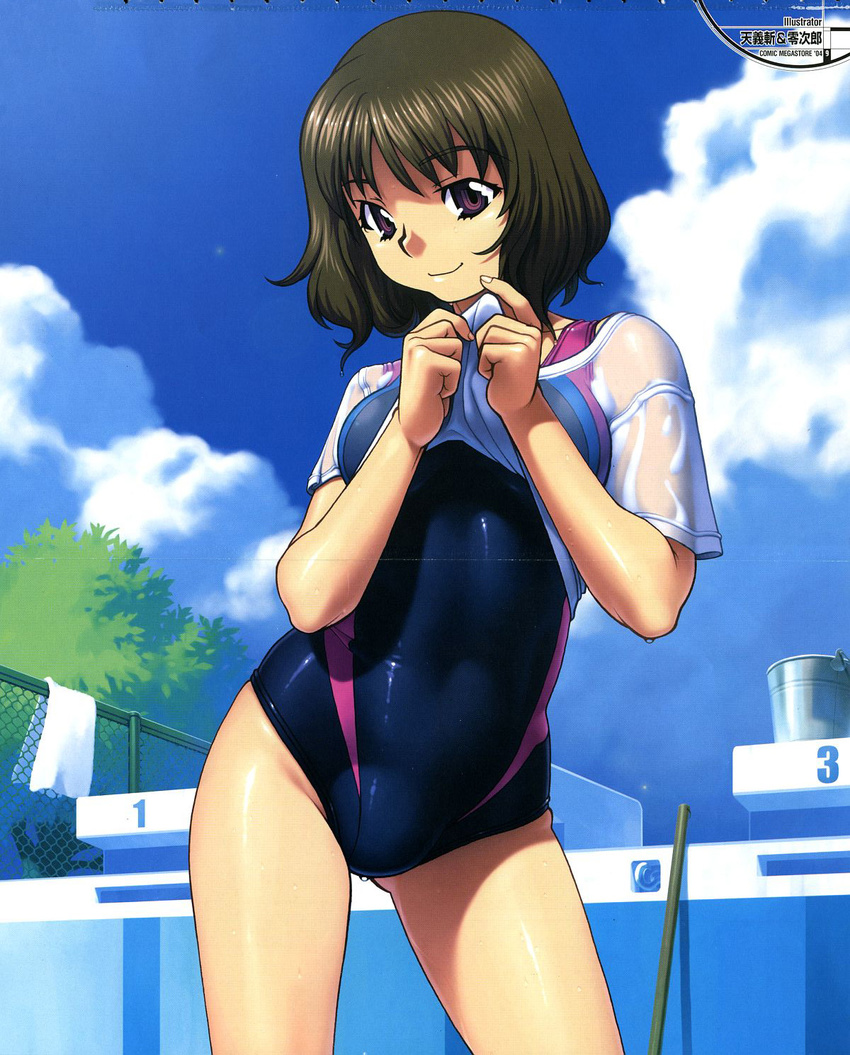 artist_request brown_hair bucket chain-link_fence cleaning_brush cloud comic_megastore copyright_request cowboy_shot crease day empty_pool fence highres looking_at_viewer non-web_source one-piece_swimsuit outdoors pool purple_eyes scan scan_artifacts see-through shiny shiny_clothes shirt shirt_lift short_hair sky smirk solo standing starting_block swimsuit swimsuit_under_clothes towel tree wet wet_clothes wet_shirt