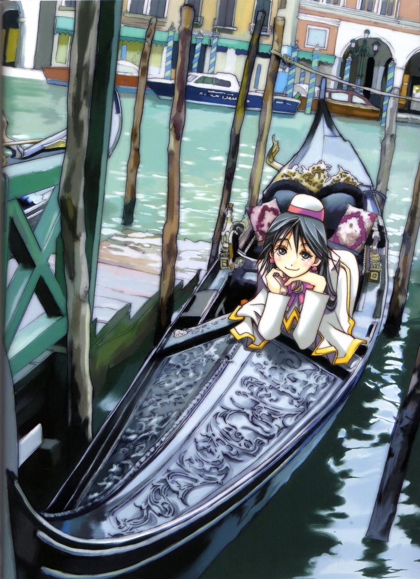 akira_ferrari amano_kozue aria boat highres long_hair smile solo uniform venezia watercraft