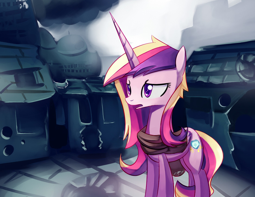 abandoned building cutie_mark equine female feral friendship_is_magic hair horn horse house mammal multi-colored_hair my_little_pony negativefox pony princess_cadance_(mlp) princess_cadence_(mlp) purple_eyes scarf solo winged_unicorn wings