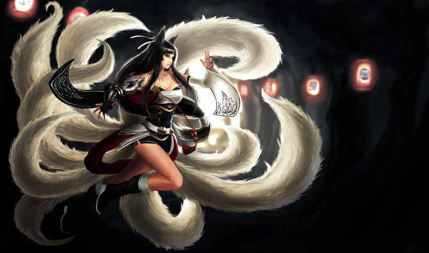 ahri animal_ears black_eyes black_hair boots breasts cleavage edward_montenegro facial_mark fingerless_gloves fox_ears fox_tail gauntlets gloves highres korean_clothes large_breasts league_of_legends lips long_hair multiple_tails running solo tail whisker_markings