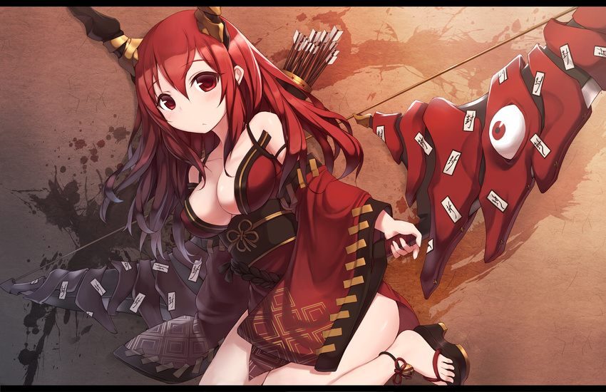 arrow blush bow_(weapon) breasts cleavage eyeball feet horns huge_weapon japanese_clothes kimono letterboxed long_hair long_sleeves looking_at_viewer medium_breasts obi off_shoulder ofuda original quiver red_eyes red_hair sandals sash solo weapon wide_sleeves zenn