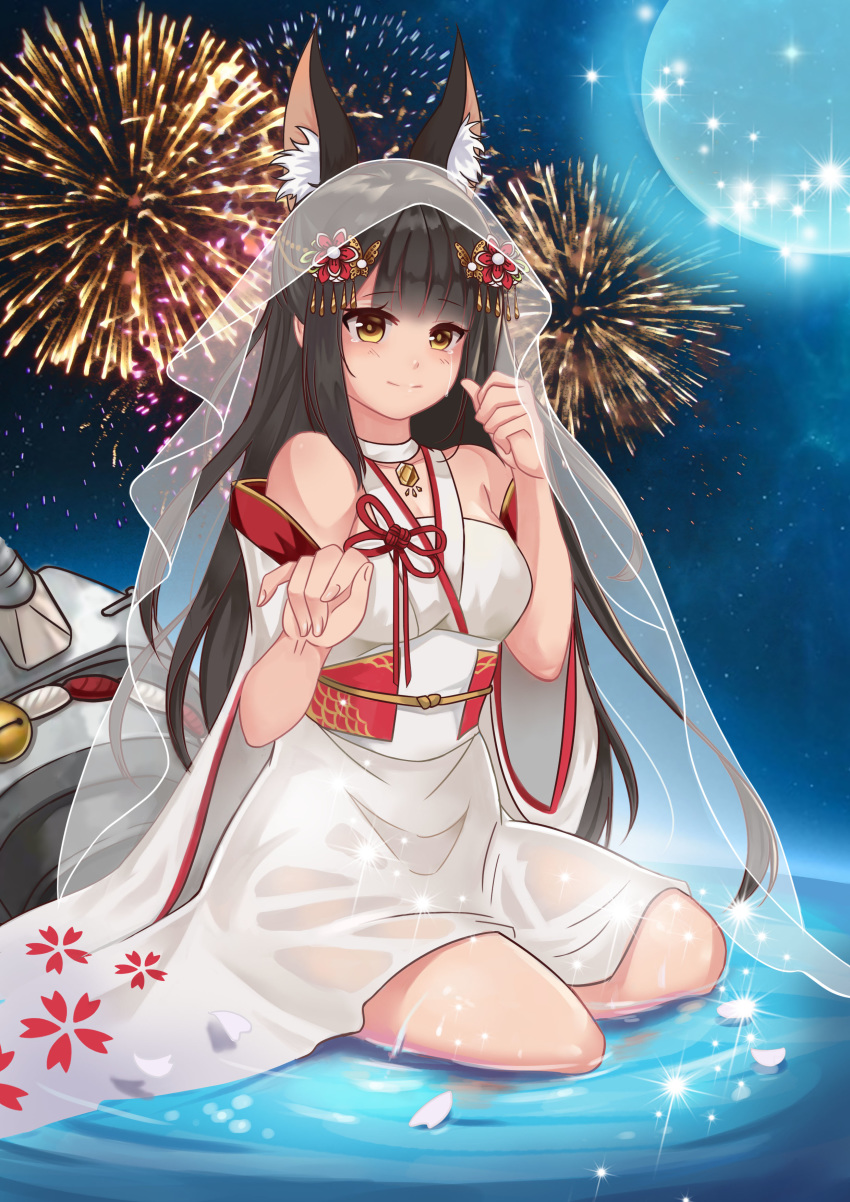 absurdres animal_ears azur_lane black_hair breasts cannon collar detached_sleeves dress eyebrows_visible_through_hair fireworks fox_ears hair_ornament happy_tears highres hime_cut japanese_clothes jewelry long_hair long_sleeves looking_at_viewer lostwing66 medium_breasts moon nagato_(azur_lane) necklace night obi petals ripples sash sitting sky solo star_(sky) starry_sky tears turret veil wariza water wedding_dress wide_sleeves yellow_eyes