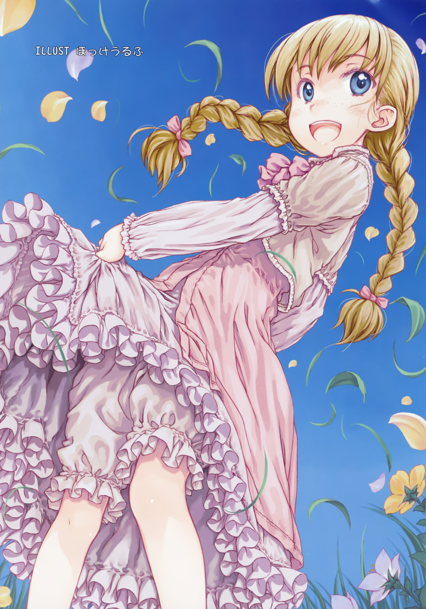 :d blonde_hair bloomers blue_eyes blush bow braid comic_rin dress dress_lift flower focke_wulf freckles frills gathers hair_bow highres long_hair open_mouth original petals sky smile solo twin_braids underwear