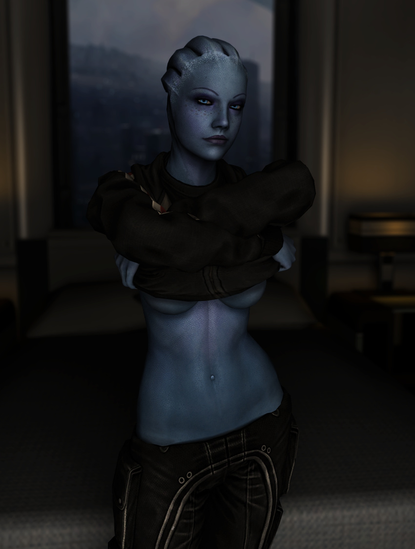 3d alien asari bed blue_eyes blue_skin breasts clothing female liara_t'soni liara_t'soni lips looking_at_viewer mass_effect navel neehs solo undressing