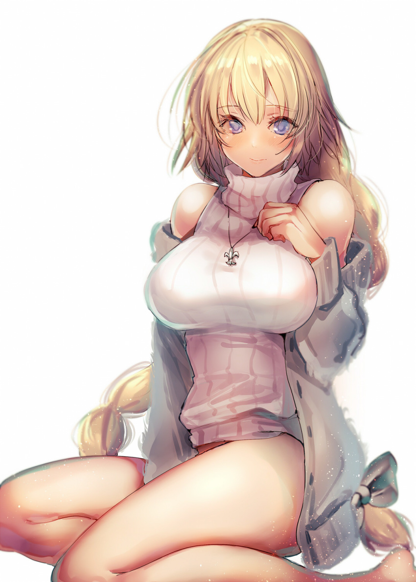 1girl alternate_costume amane_ruri bangs bare_legs bare_shoulders between_legs blonde_hair blue_eyes bottomless braid commentary_request eyebrows_visible_through_hair fate/grand_order fate_(series) from_side hair_between_eyes hair_ribbon hand_between_legs highres jeanne_d'arc_(fate) jeanne_d'arc_(fate)_(all) jeanne_d'arc_(fate) jeanne_d'arc_(fate)_(all) jewelry light_smile long_braid long_hair looking_at_viewer pendant ribbed_sweater ribbon single_braid sitting sleeveless sleeveless_turtleneck solo sweater thighs tress_ribbon turtleneck turtleneck_sweater very_long_hair white_background white_sweater