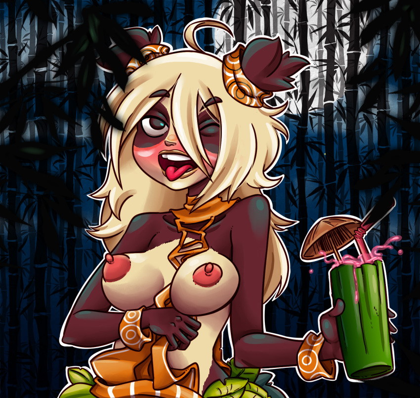 2018 5_fingers alcohol anthro bamboo beverage black_fur blonde_hair blush breasts clothed clothing dofus drunk enf-lover female fur hair hi_res holding_object long_hair mammal multicolored_fur nipples one_eye_closed open_mouth panda pandawa solo tongue tongue_out topless two_tone_fur ursine wakfu white_fur