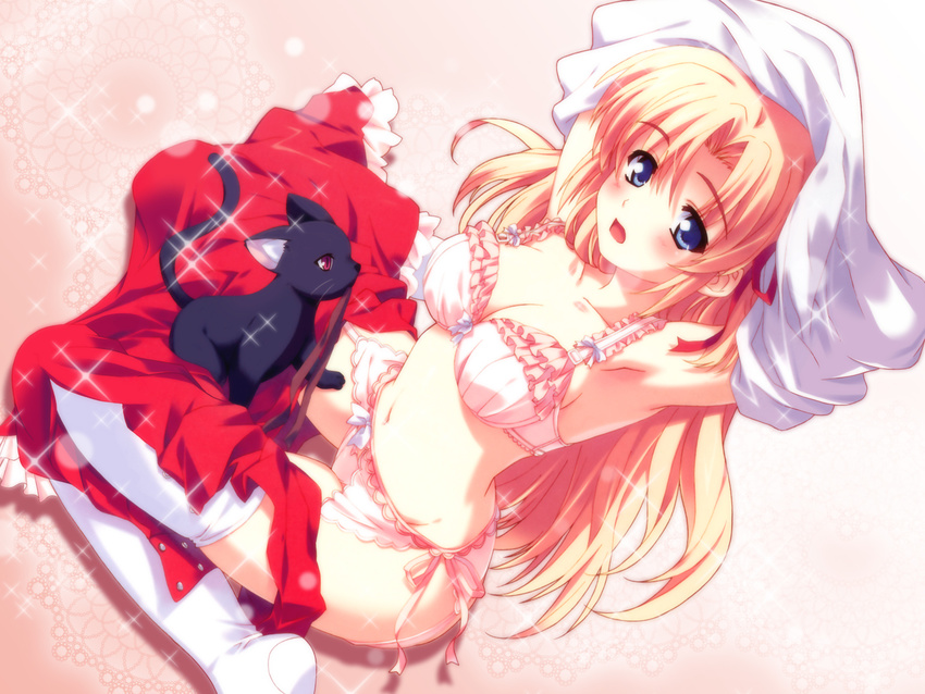 arms_up blonde_hair blue_eyes bra cat frills garter_belt highres kusukusu lingerie long_hair marie_rudel panties sakura_strasse solo sparkle thighhighs underwear underwear_only undressing wallpaper