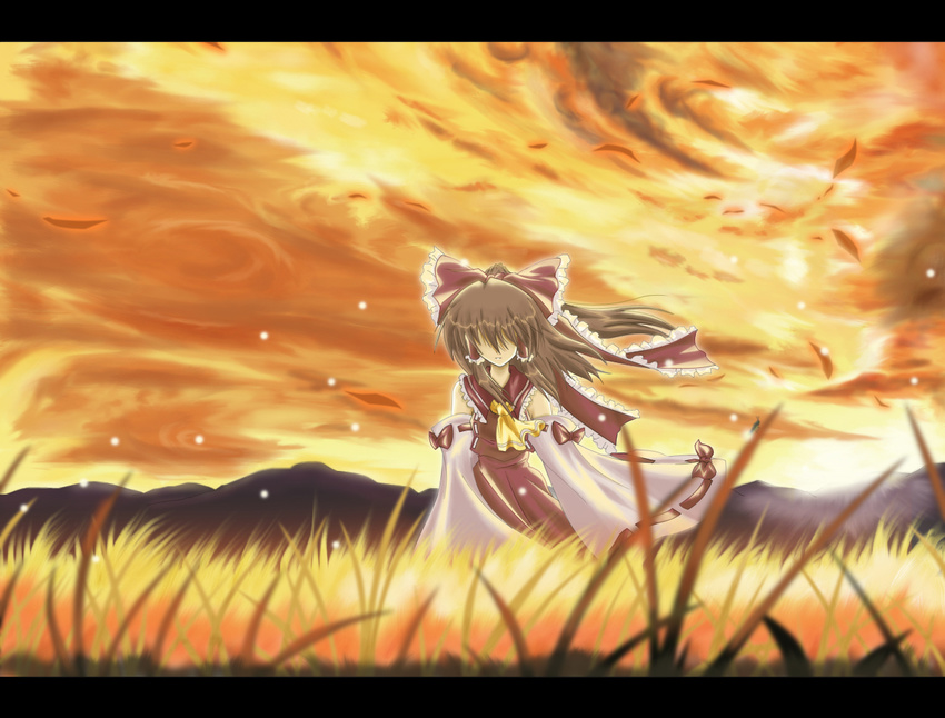 arms_at_sides ascot auer bare_shoulders blurry border bow brown_hair bug cloud cloudy_sky depth_of_field detached_sleeves expressionless facing_viewer fireflies frilled_bow frilled_shirt_collar frills grass hair_bow hair_over_eyes hair_tubes hakurei_reimu horizon insect japanese_clothes leaves_in_wind letterboxed light_smile long_hair long_sleeves miko mountain mountainous_horizon orange_sky ponytail red_bow red_shirt red_skirt ribbon ribbon-trimmed_sleeves ribbon_trim shirt skirt skirt_set sky smile solo touhou twilight wide_sleeves wind