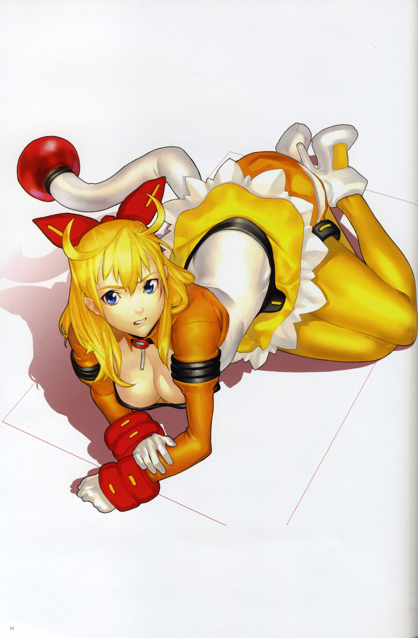 absurdres anal_tail antenna_hair bangs blonde_hair bloomers blue_eyes bow bracelet breasts butt_plug cleavage cleavage_cutout clenched_teeth downblouse dress fake_tail frills gloves hair_between_eyes hair_bow hakua_ugetsu high_heels highres jewelry large_breasts long_hair looking_at_viewer lying malon_(taisen_hot_gimmick) no_bra official_art on_side pantyhose pendant scan shadow shoes short_dress solo tail taisen_hot_gimmick taisen_hot_gimmick_5 teeth underwear white_background white_gloves yellow_legwear