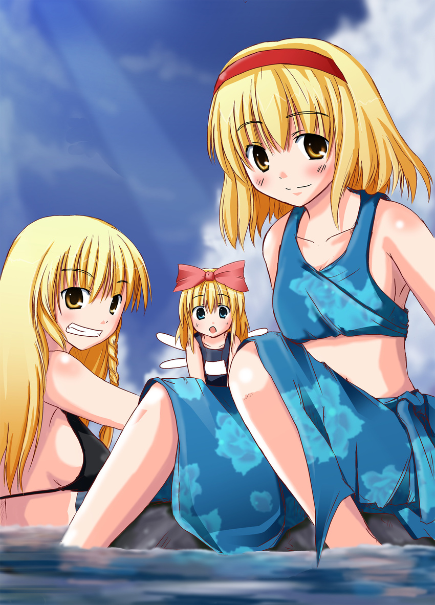 absurdres alice_margatroid artist_request bikini blonde_hair highres kirisame_marisa matching_shanghai multiple_girls one-piece_swimsuit school_swimsuit shanghai_doll swimsuit touhou