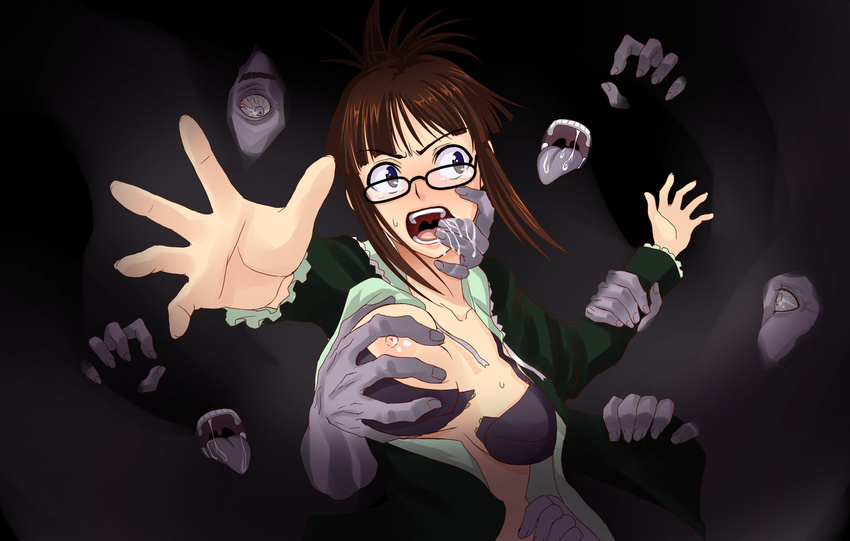 akizuki_ritsuko antenna_hair bra breast_grab breasts brown_eyes brown_hair constricted_pupils dark eyes folded_ponytail formal ghost glasses grabbing grabbing_from_behind grey_eyes hair_bun hands highres ichimedoo idolmaster idolmaster_(classic) looking_back medium_breasts monster mouth nipples open_mouth saliva scared screaming solo_focus sweat tears underwear