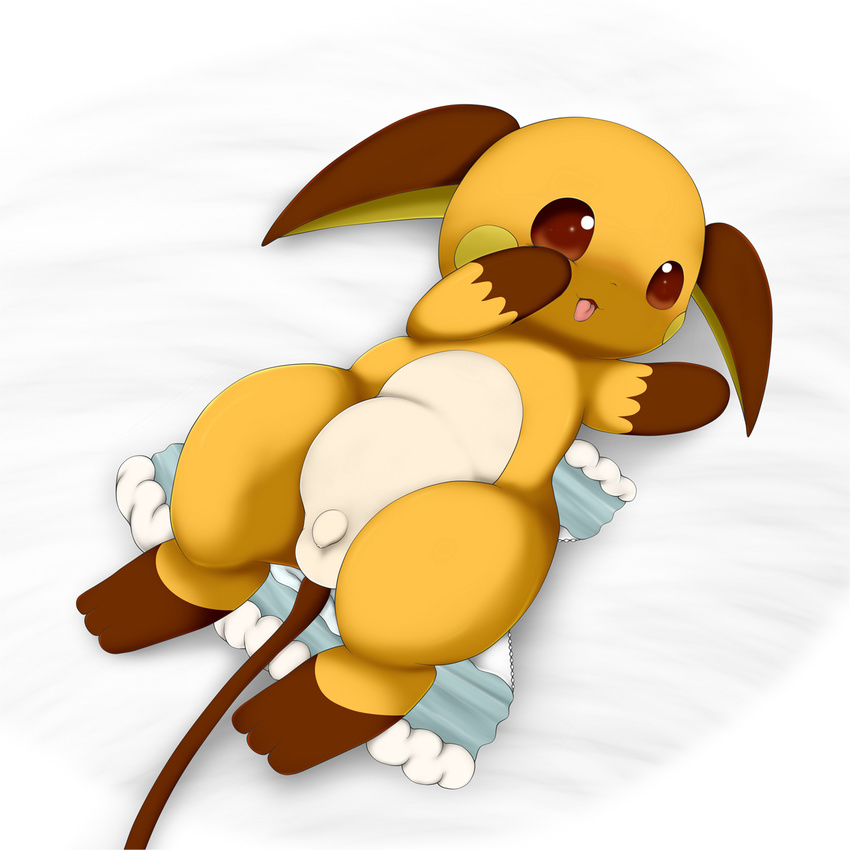 balls belly brown_eyes diaper flaccid lying male nintendo on_back penis pok&#233;mon pokemon raichu schnecken sheath sheet small_penis solo tongue tongue_out video_games