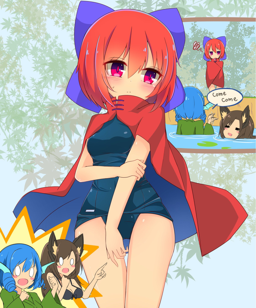 animal_ears bikini black_bikini blue_bow blue_hair blue_swimsuit blush bow breasts brown_hair cape commentary_request drill_hair embarrassed eyebrows_visible_through_hair forest frilled_kimono frills green_kimono hair_between_eyes hair_bow head_fins high_collar highres imaizumi_kagerou inon japanese_clothes kimono lake long_hair long_sleeves mermaid monster_girl multiple_girls nature obi one-piece_swimsuit open_mouth red_cape red_eyes red_hair sash school_swimsuit sekibanki short_hair surprised swimsuit swimsuit_under_clothes tail text_focus touhou wakasagihime water werewolf wide_sleeves wolf_ears wolf_tail