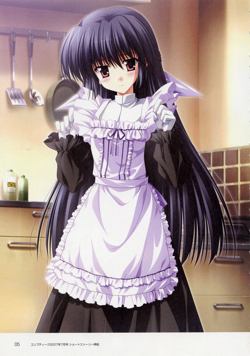 absurdres amamiya_yuuko apron blue_hair blush dress ef gloves highres long_hair maid nanao_naru purple_eyes scan solo white_gloves